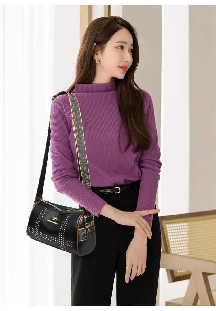 Color Contrast Patchwork Rivet Crossbody Bag with Soft Leather Shoulder Strap