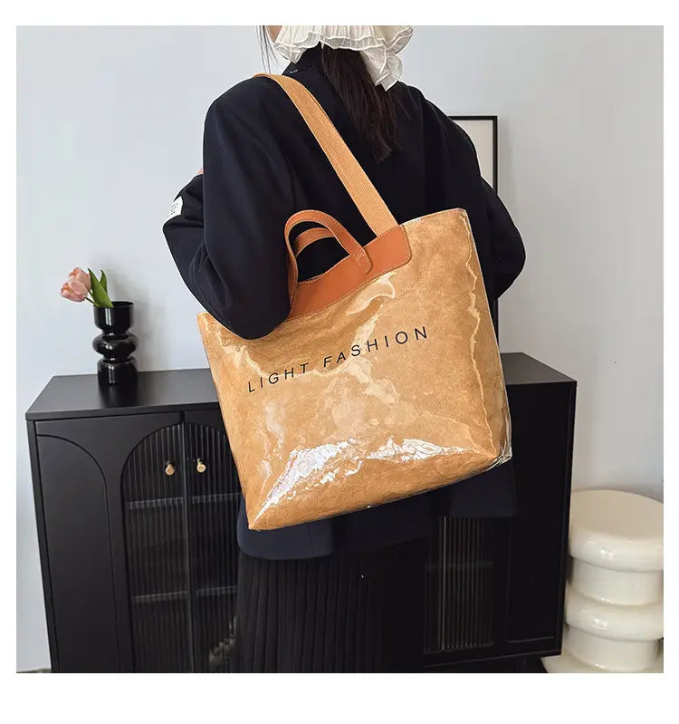 Kraft Paper Shoulder Bag Medium Square Tote in Neutral and Green Colors