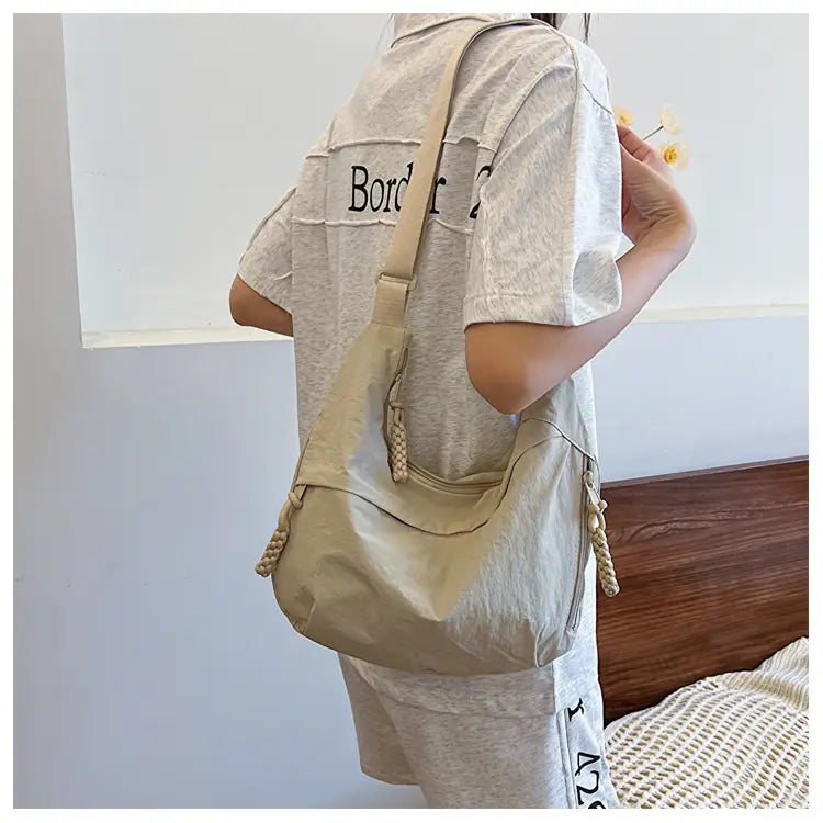 Nylon Messenger Bag Beige Black Travel Crossbody Shoulder Suitcase Purse