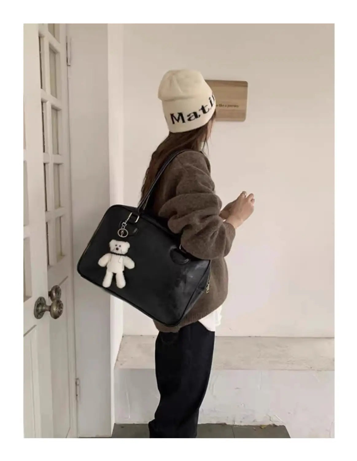 Varine de cuir PU moyen Brown Black épaule de voyage Sac polyester