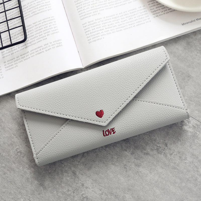 Women’s Long Heart-shaped Letter Embroidery Line 2 Fold Multifunctional Simple Wallet Student Multifunctional Wallet