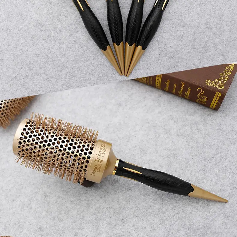 Golden Nylon Wool Ceramic Tube Rolling Comb with Pointed Tail for Hair Styling