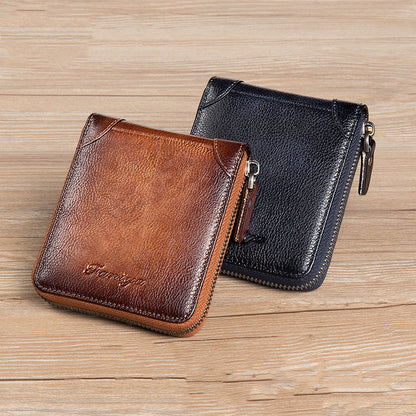 First Layer Cowhide Zipper Card Holder Driver’s License Wallet Wallet - First Layer Cowhide Wallet for Minimalist