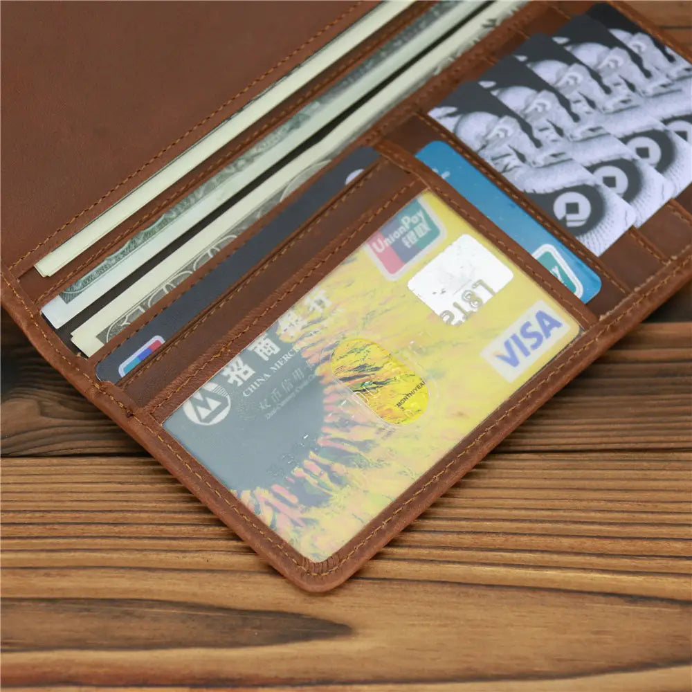 European Retro Leather Long Wallet for Men in Dark and Reddish Brown