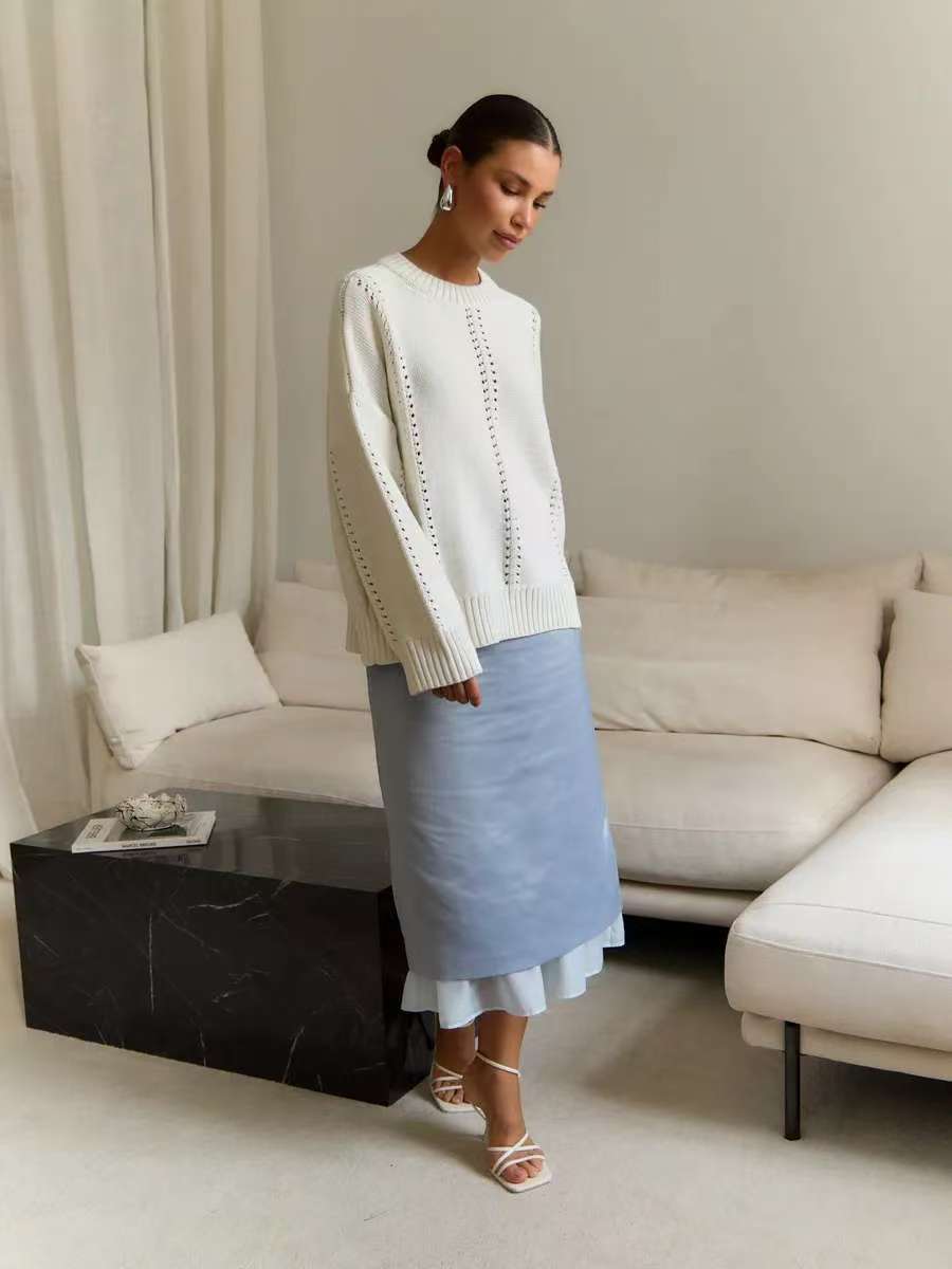 Cashmere Acrylic Pullover Sweater for Women in Milky White Gray Blue Green