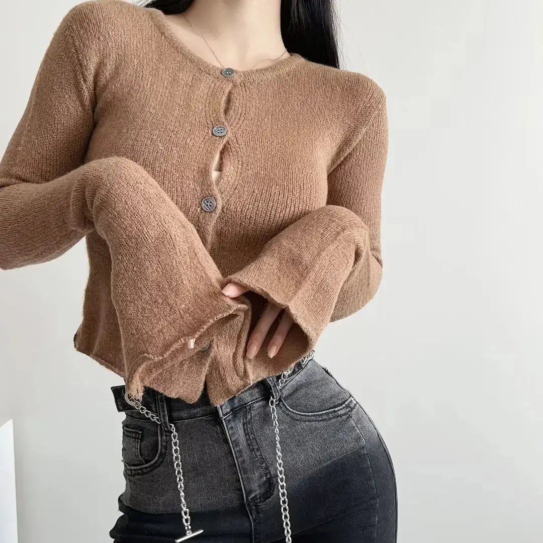 Sleeve Bell Plush Knit Cardigan Slim Slim Fit Hipster Stíl Sráid Cotton