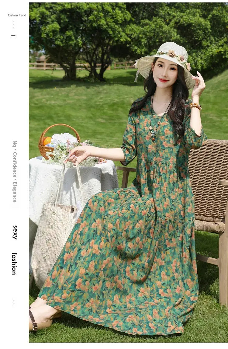 Plus-kokoinen Retro Art A-Line MIDI -hame Viscoosi Lyhythihainen mekko Naiset