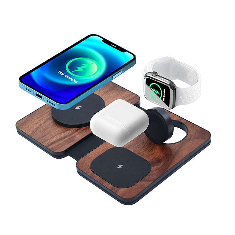 Three-in-one Walnut Magnetic Wireless Charger Portable Foldable Wireless Charger - Watt’s Up with This Three-in-One