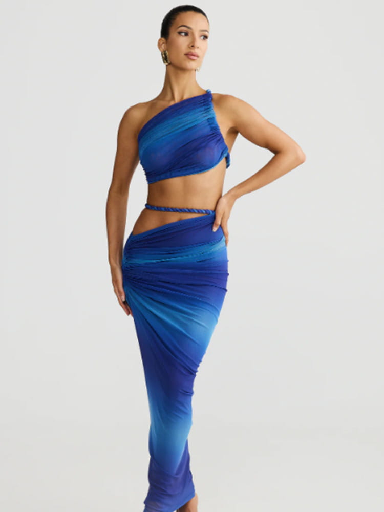 Long Skirt Two Piece Set Oblique Shoulder Spandex in Milky White Brown Blue