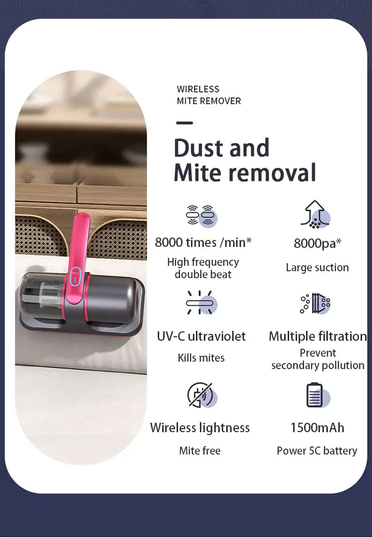 Cordless Bed Vacuum Cleaner for Dust Mite Removal and Home