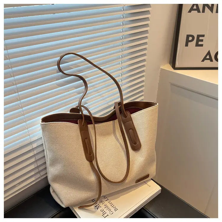 Canvas Shoulder Bag Large Oxford Tote Black Brown Double Strap for Travel Work