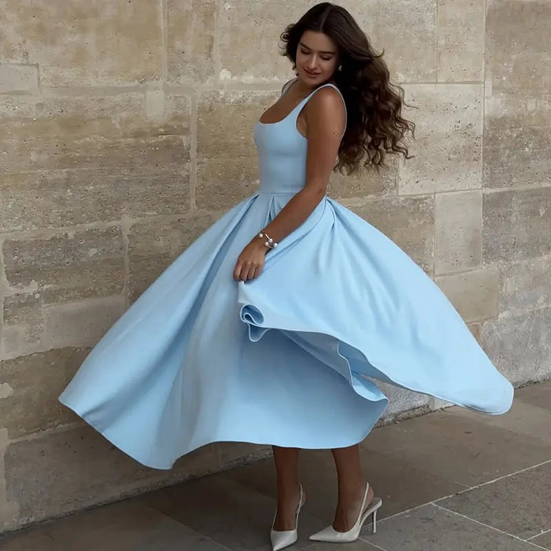 Sleeveless High Waist Midi Dress Milky White Black Blue Polyester S M L