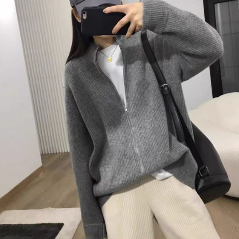 Tomgangsstil japansk koreansk casual glidelås cardigan løs strikket genser