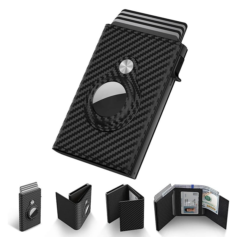 Black Anti-Theft Card Holder with Genuine Leather and Carbon Fiber Design