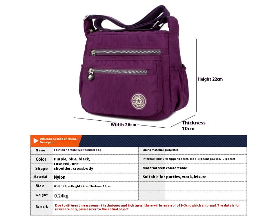 Nylon Travel Shoulder Bag with Zipper Pocket Crossbody Handbag for Women