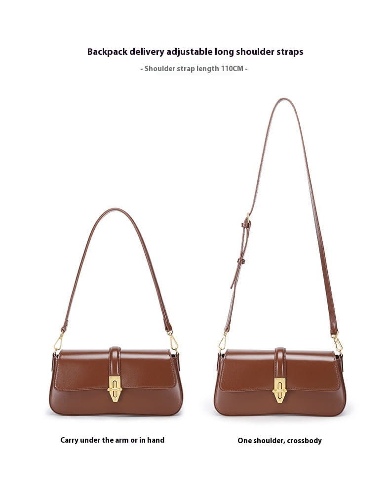 Genuine Leather Baguette Armpit Crossbody Bag with Advanced Texture Wild Design