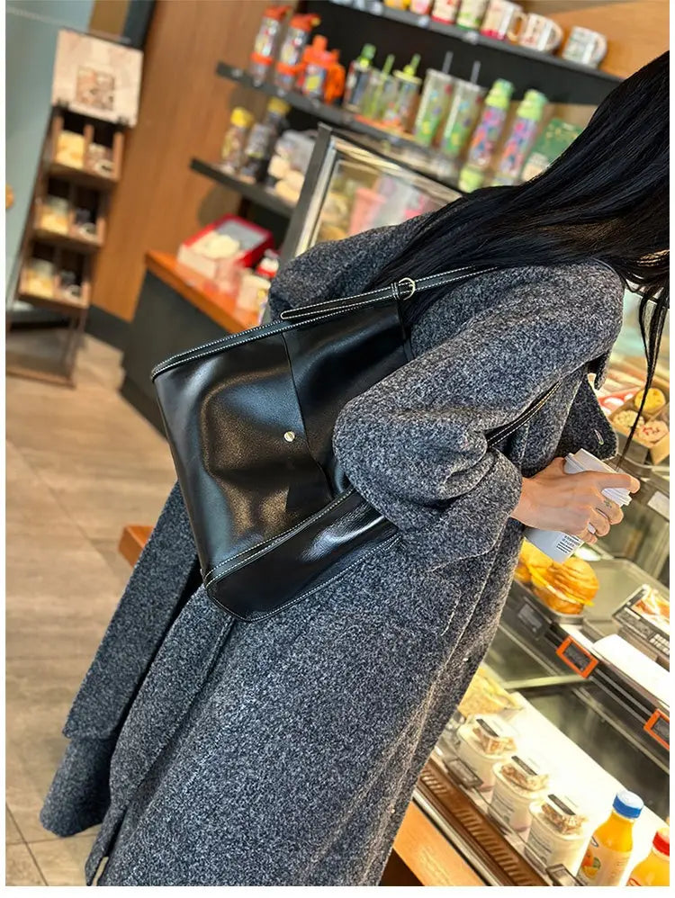 Genuine Leather Cowhide Tote Bag Square Handbag with Zipper Pocket for Women