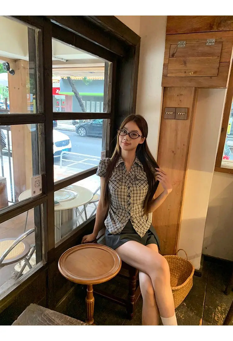 Plaid Cotton Short Sleeve Shirt for Women Men Loose Fit Spring Summer