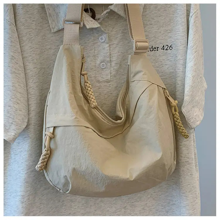 Nylon Messenger Bag Beige Black Travel Crossbody Shoulder Suitcase Purse