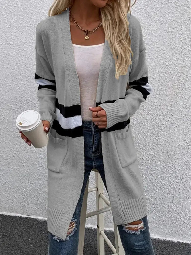 Contrast Color Striped Cardigan Gray Apricot Street Fashion Acrylic Sweater