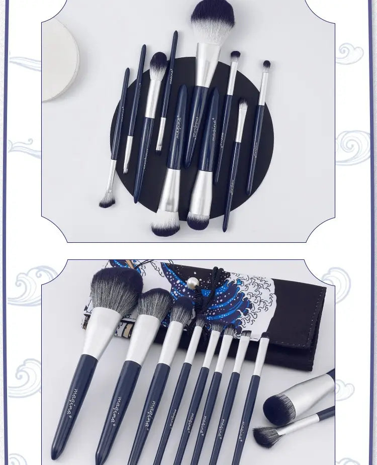 Makeup Brush Suit 10 Piece Set with Bag 14.5cm Length Blue Artificial Fiber