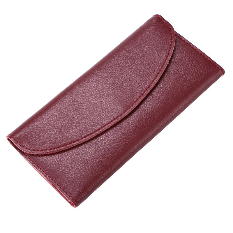 Women’s Leather Simple Wallet Long - Stylish Cow Split Wallet in Wine Red and Brown