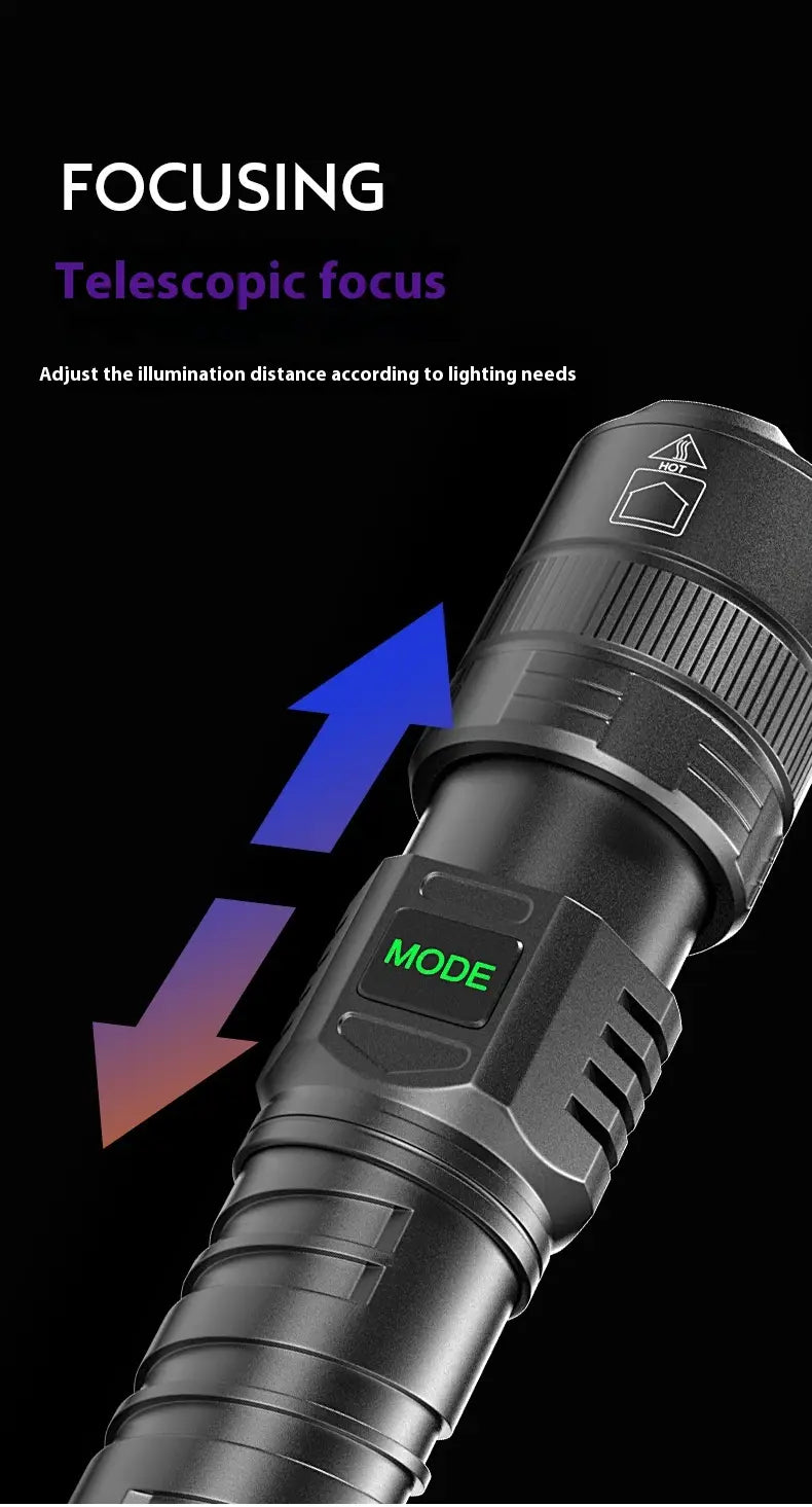 Camping Portable Flashlight with USB Charging Zoom and Battery Rack