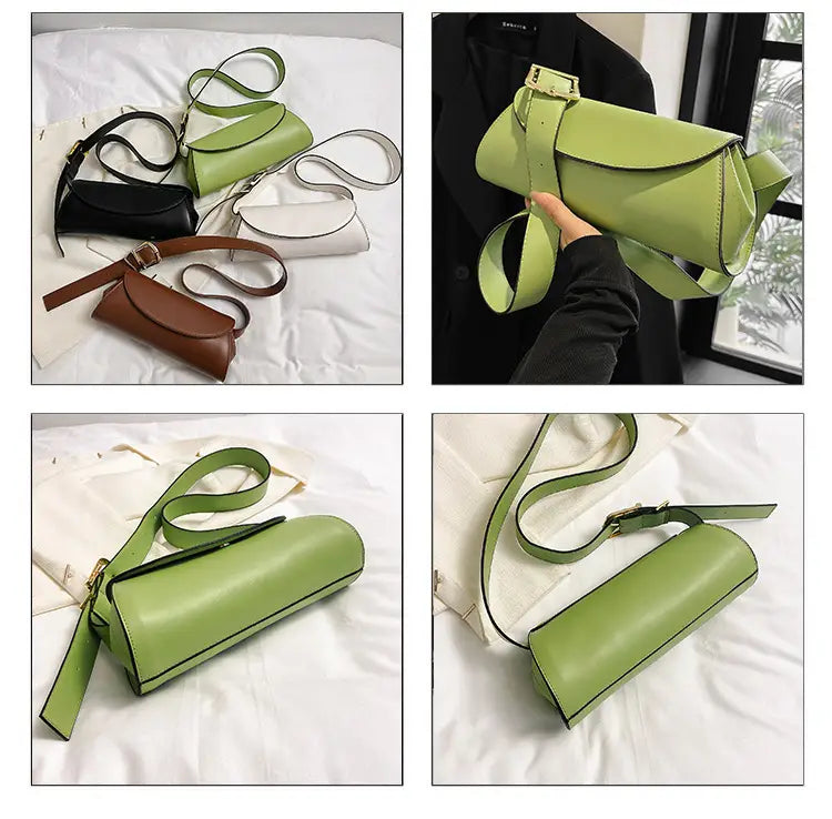 Milky White Cylinder Pu axelväska Justerbar remmulti-färghandväska