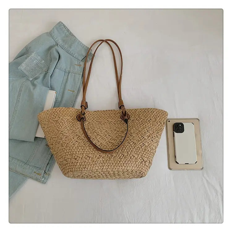 Woven Seaside Beach Bag with Open Pocket and Portable Straw Design