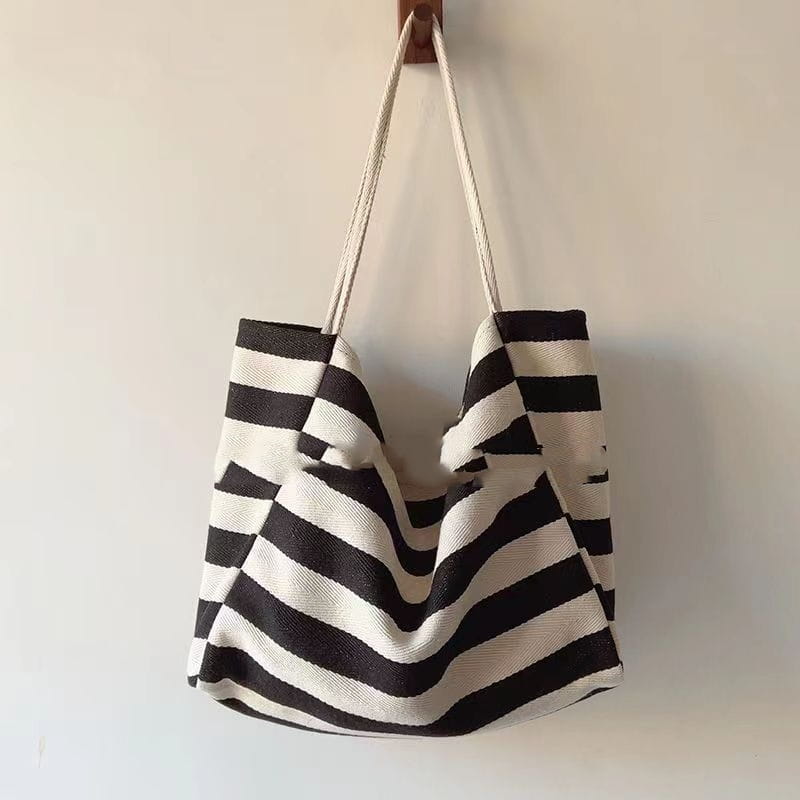 Large Capacity Shoulder Bag with Artistic Contrast Color and Striped Canvas Design