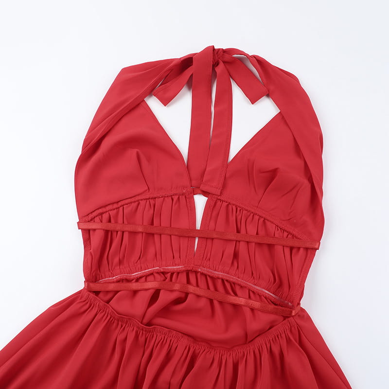 Falda corta sin espalda de cintura alta roja con tirantes poliéster s m l