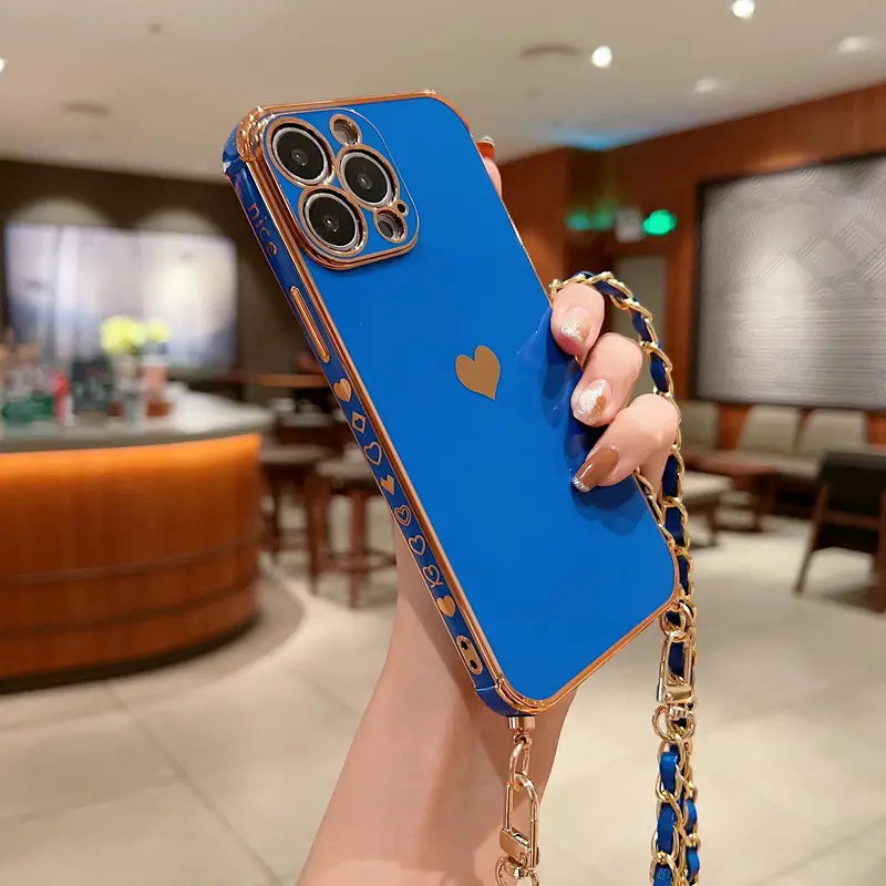Electroplated Love Lanyard Phone Case for iPhone 11 12 8 with Anti-fall TPU