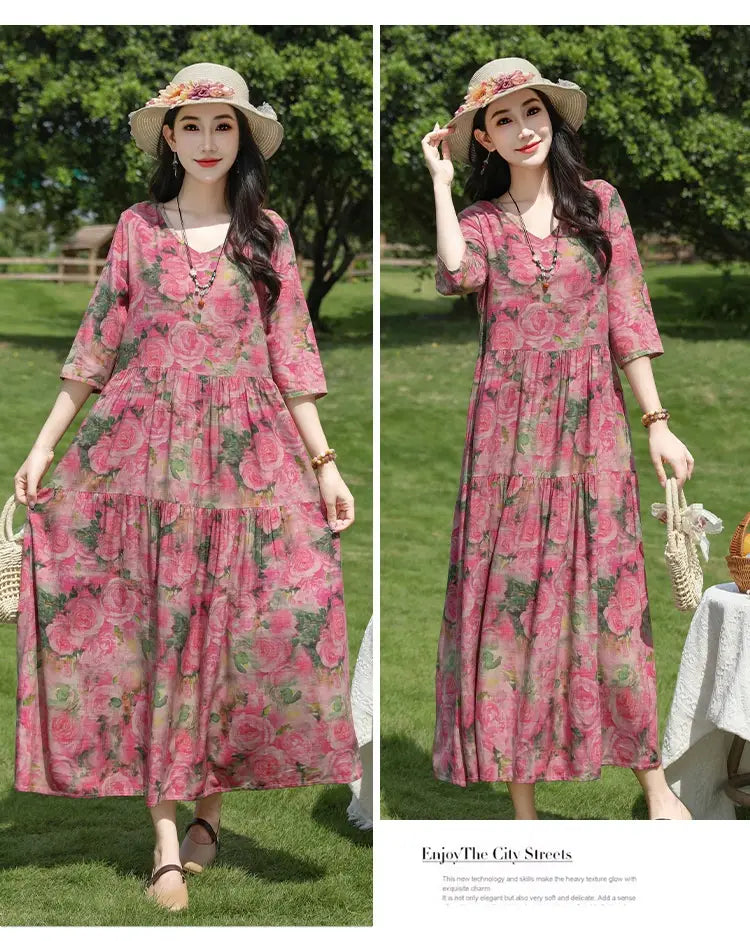 Plus-kokoinen Retro Art A-Line MIDI -hame Viscoosi Lyhythihainen mekko Naiset