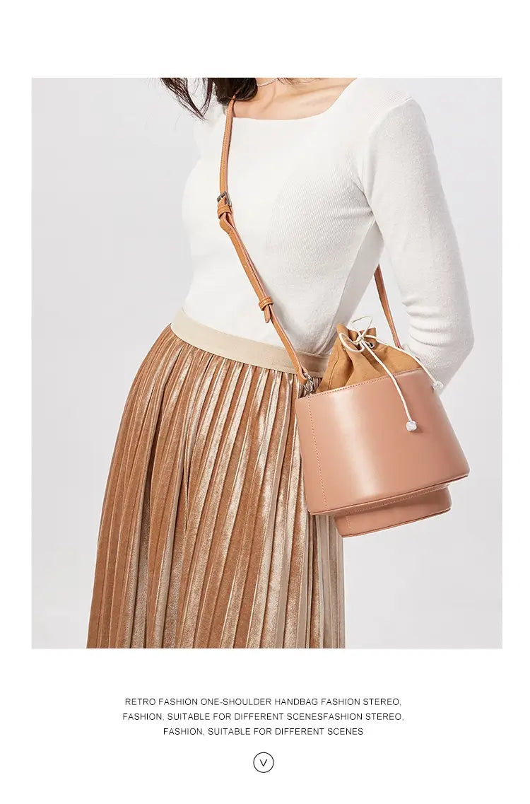 Original Drawstring Bucket Bag with Leather Two-Layer Design for Fashion Handheld