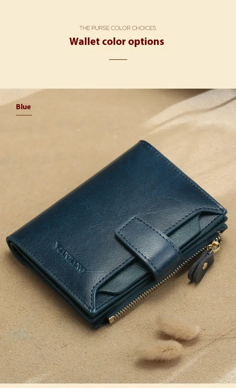 Sparán na mBan leathair gorm le sliotán cárta frith-ghoid agus líneáil poileistir