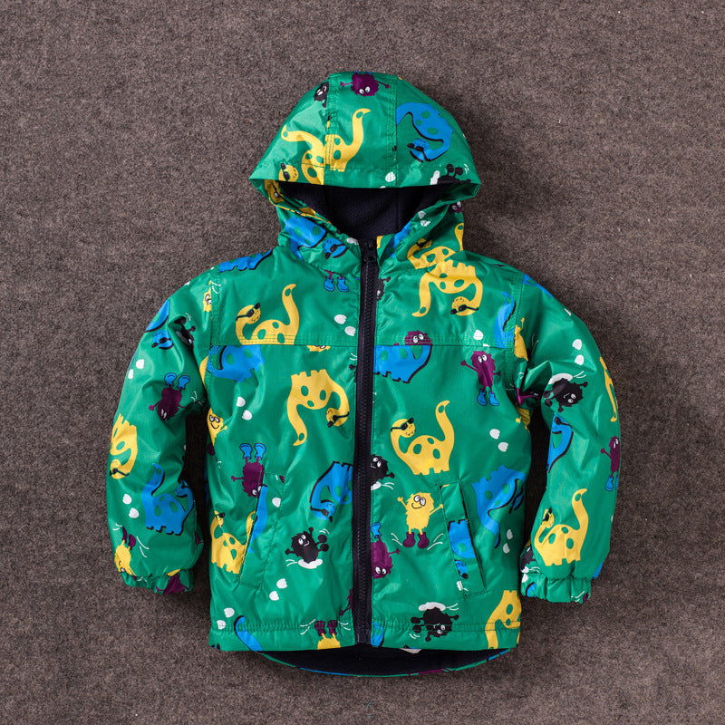 Boy’s Cute Dinosaur Windproof And Rainproof Jacket Children’s Hooded Jacket