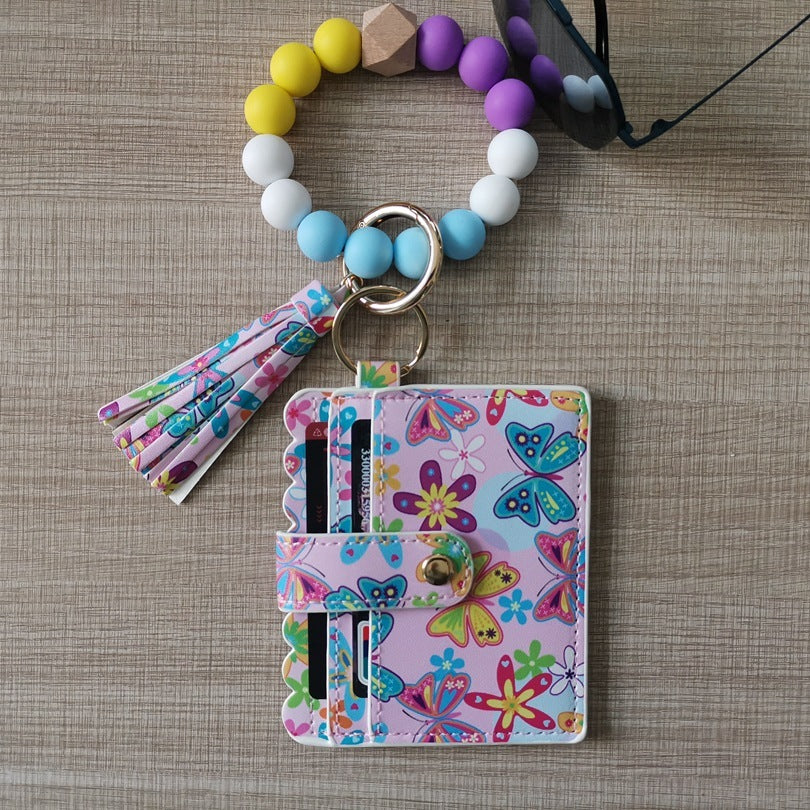 Fashion Beaded Bracelet Girls Small Wallet Lemon Printing Card Holder Silicone Beads Bracelet Keychain Credit - Fashion