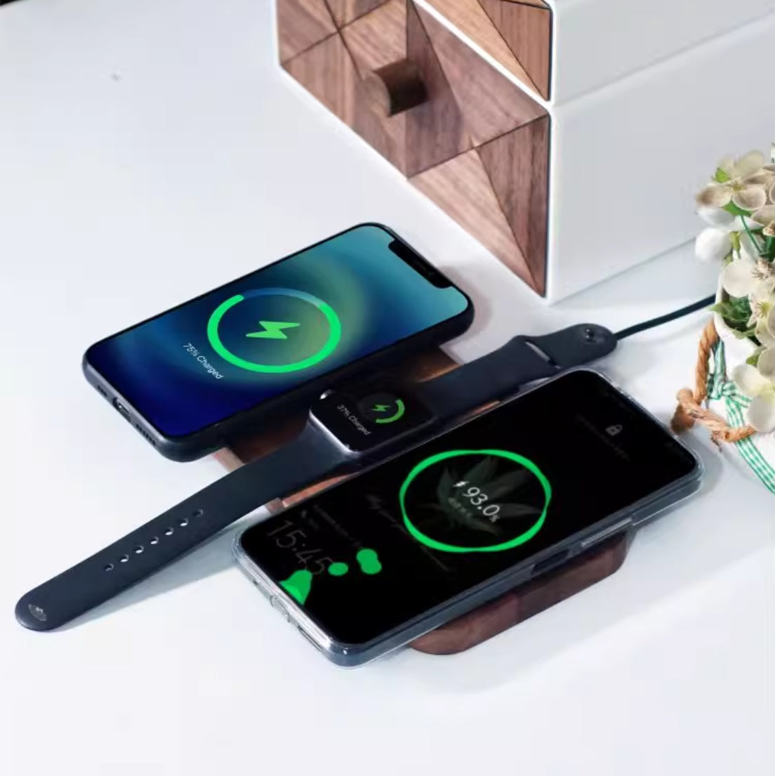 Black Walnut Genuine Goods Three-in-one Watch Headset Wireless Charger - Charge Like a Pro with Black Walnut Wireless