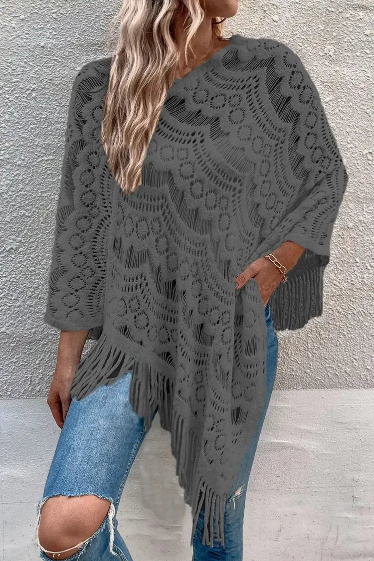 Crochet Flower Sweater Women's Loose Pullover Langhylse akrylstrikket topp