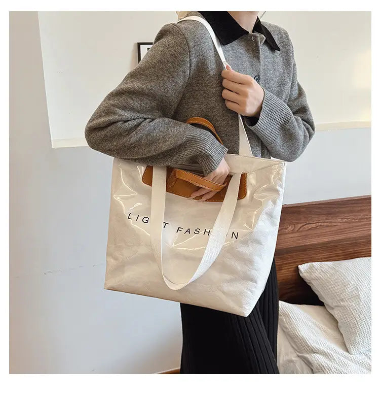 Kraft Paper Shoulder Bag Medium Square Tote in Neutral and Green Colors