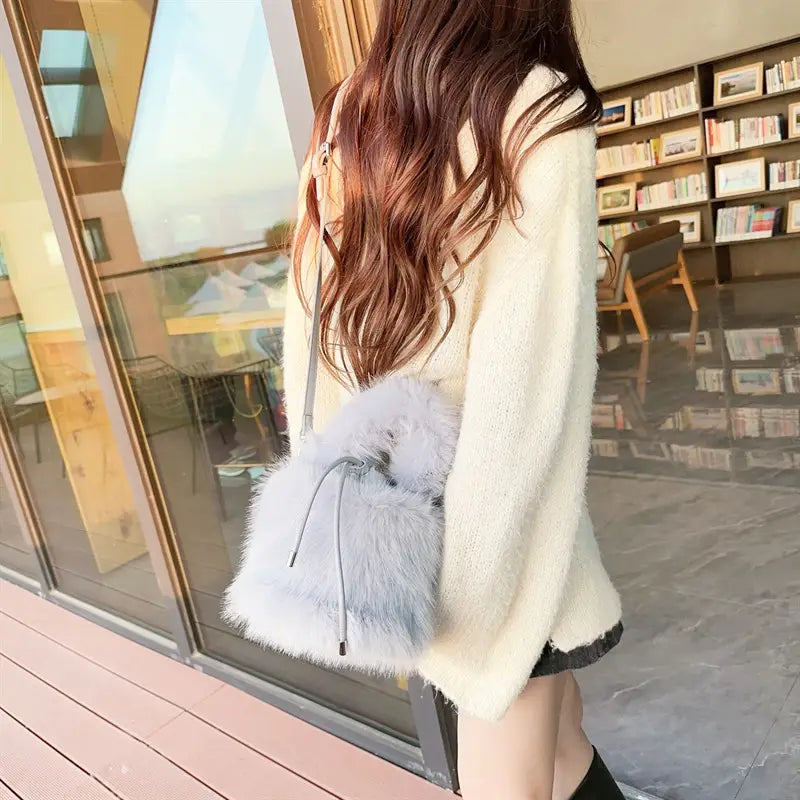 Furry Crossbody Bag Portable Bucket Suitcase with Soft Plush Material