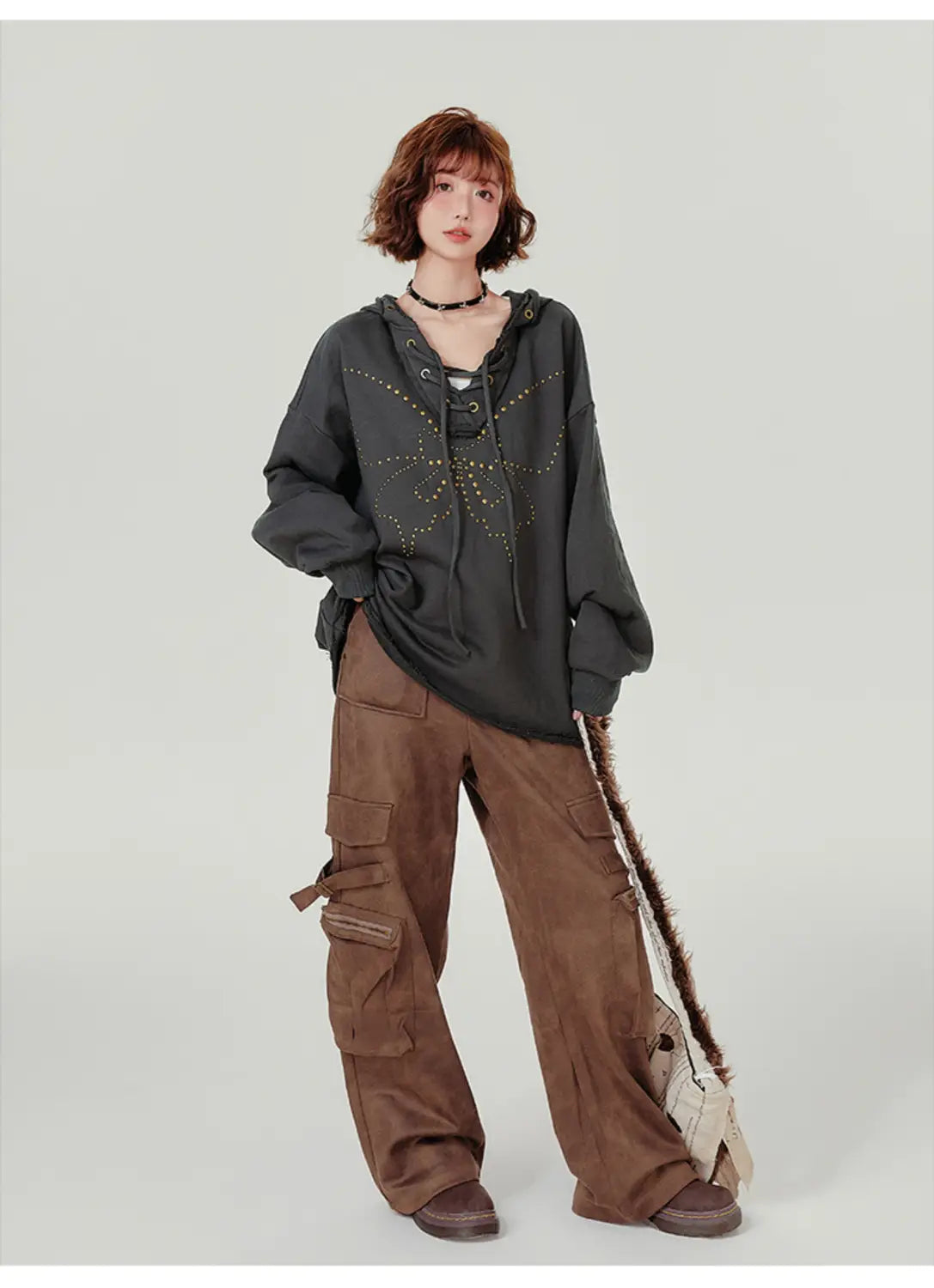 Felpa per maniche lunghe con cappuccio di cotone grigio scuro per donne e uomini