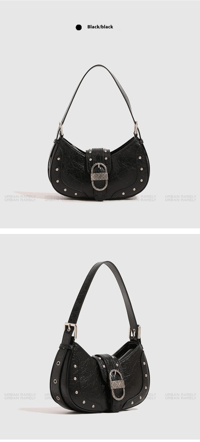 Oil Wax Leather Bag with Rivets Flap Shoulder and Sandwich Pocket