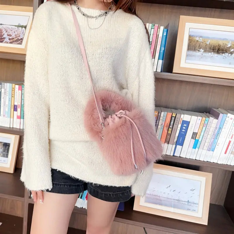 Furry Crossbody Bag Portable Bucket Suitcase with Soft Plush Material