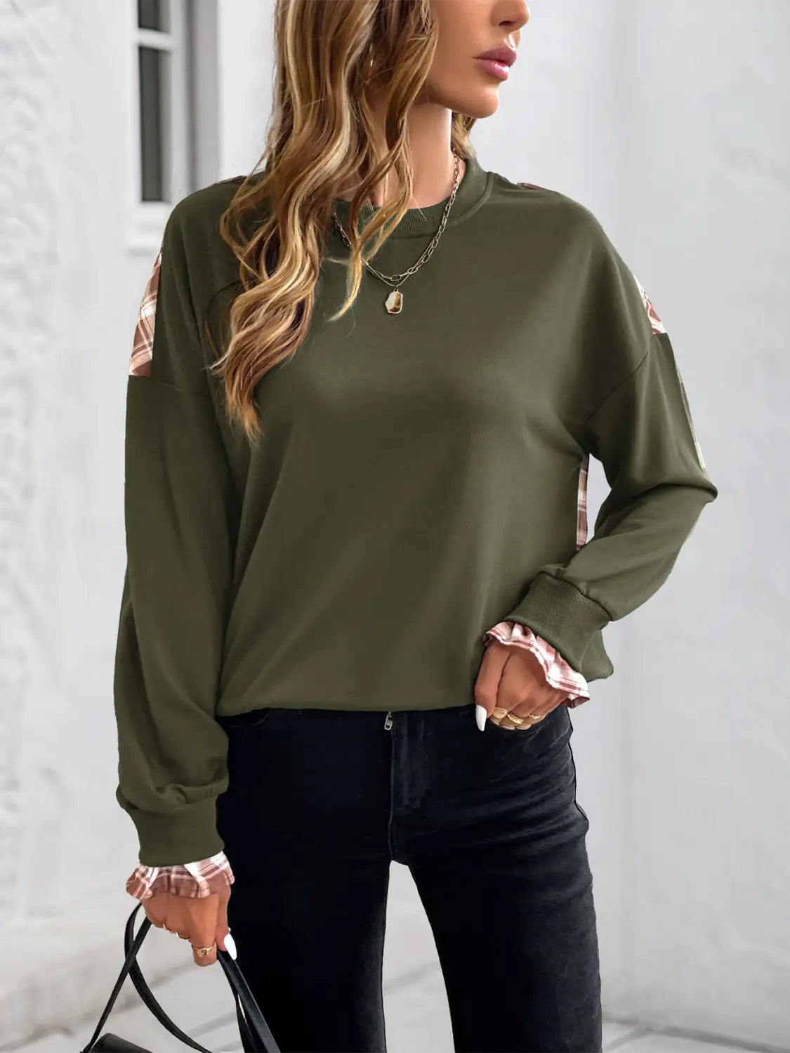 Army Green Loose Fit Pullover Japanese Korean Casual Splice Sweatshirt