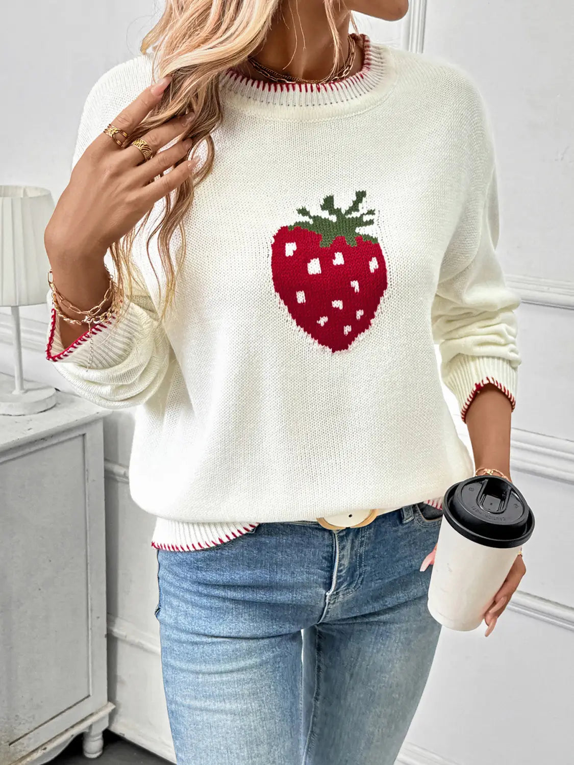 Strawberry Beige Loose Pullover Sweater for Women Acrylic Wool Knit Top