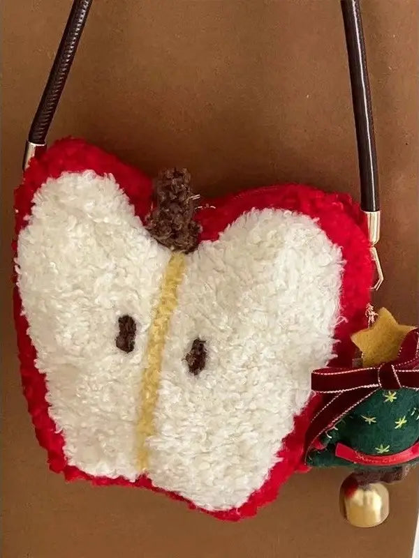 Christmas Plush Crossbody Bag with Heart Shape and Contrast Stitching