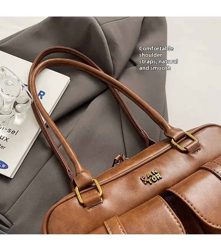 Geanta de umăr din piele PU cu buzunar cu fermoar și design splicing pentru femei