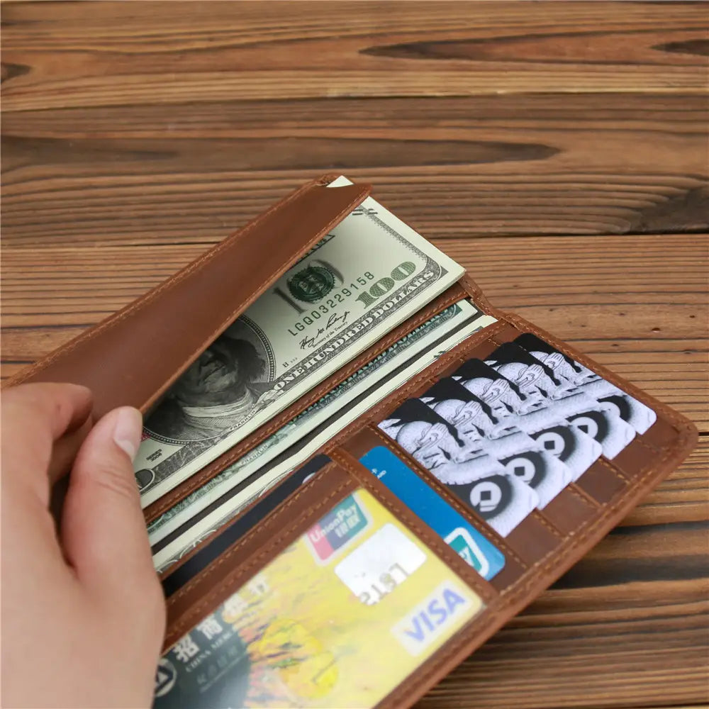 European Retro Leather Long Wallet for Men in Dark and Reddish Brown