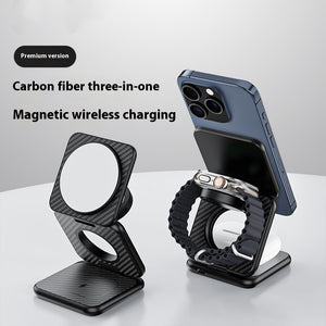 Carbon Fiber Three-in-one Magnetic Wireless Charger - Charge Like a Pro with Carbon Fiber Magic